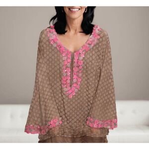 Manoush Women's Luxury French Fashion Retro Style Floral Tunic Tan Pink size 38